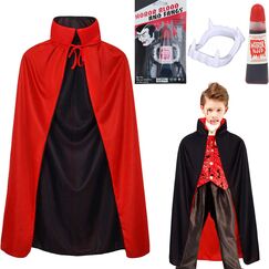Winwild 3 Stück Vampir Kostüm Kinder Set,120CM Vampir Umhang Halloween mit Vampire Zähne & Kunstblut,9-12 Jahre Halloween Umhang Schwarz Rot Vampire Cape Dracula Kostüm Jungen Mädchen