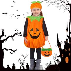 beifon Halloween Kostüm Kinder Kürbis mit Hut und Kürbistasche, Fleece Pumpkin Cosplay Kleinkind 3-7 Jahre für Halloween, Karneval Party