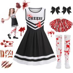 Halloween Kostüm Kinder, Zombie Cheerleader Kostüm, Monster High Faschingskostüme mit Strümpfen Pom Poms Tattoos, 9 PCS Halloween Cheerleader Horror Braut Kostüm für 10-12 Jahre Teenager Mädchen
