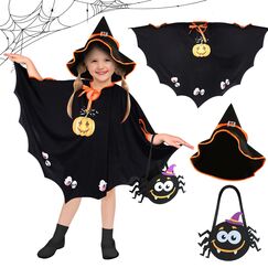 Hoiloie Halloween Kostüm Kinder,Fledermaus Umhang,mit 1 * Hut,1*Spinne Trick or Treat Taschen,für Halloween,Karneval, Themenparty,heloweenkostüme,Geeignet für Höhe 90-150cm Mädchen Jungen Kinder