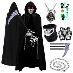YADODO Sensenmann Kostüm Kinder Junge Mädchen mit Sense Mask 134 140 146 152 Gruselig Halloween Kostüm Kinder Sensenmann Umhang mit Kapuze Schwarzer Scream Reaper Tod Kostüm Sensenmann Kind
