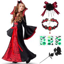 Lubolee Karneval Kostüm Mädchen, Gruseliges Faschingskostüme Vampir Kostüm Kinder Mädchen, Vampir Kostüm Kinder Set Mit Kopfschmuck, Halsketten, Schwarze Rosen und Leuchtende Tattoo-Aufkleber