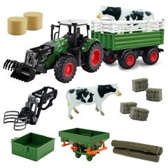 Hyrenee Farm Traktor Fahrzeuge Traktor Anh&auml;nger mit Greifer Round Bale Frontloade Tipping Anh&auml;nger D&uuml;nger Spreader mit Milch Kuh Ballen Farming Spielzeug Spielset f&uuml;r Jungen Kinder Kleinkinder