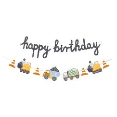 DIY Girlande Happy Birthday Fahrzeuge &ndash; Baustelle Party Deko Kindergeburtstag Junge, Laster Kran Betonmischer, Partykette 2 m, Made in EU