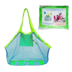 COOLGOEU Strandtasche Strandspielzeug Tasche XXL Gro&szlig; f&uuml;r Sandspielzeug Wasserspielzeug f&uuml;r Kinder Aufr&auml;umsack Spielsack Badetasche Beachbag Faltbar f&uuml;r Familie Urlaub (Blau Mesh/Gr&uuml;n Strap)