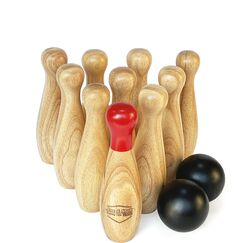 Jac & Mok Bowling Set -Kegelspiel aus Holz - Dosenwerfen Bowling Spiel Outdoor & Indoor Spielzeug (10 Kegel und 2 B&auml;lle, 20cm H&ouml;he)
