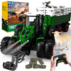 Ferngesteuerter Traktor Ferngesteuert mit anhänger, Traktor Spielzeug ab 3 Jahre, 2.4 GHz RC Trecker Spielzeug mit Fernbedienung, Kuh und Schaf, Geschenk ab 3 4 6 Jahre
