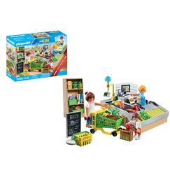 PLAYMOBIL MyLife Promo Pack 71648 Bio-Supermarkt, inklusive Kasse mit Warenlaufband, Einkaufswagen und DREI Figuren, detailreiches Spielzeug für Kinder ab 4 Jahren