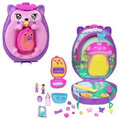 Polly Pocket 2-in-1 Reisespielzeug mit 2 Mikropuppen und 16 Accessoires, Igel-Handtaschen-Spielset, Haustierthema, JBJ91