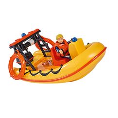 Simba 109251047 - Feuerwehrmann Sam Neptune Boot, mit Penny Figur im Tauchoutfit, mit Geheimfach und mechanischer Seilwinde, schwimmt auf dem Wasser, 20cm, für Kinder ab 3 Jahren, Gelb, Orange