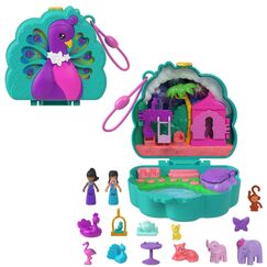 Polly Pocket-Puppen und Spielset, Peacock Garden-Schatulle, Reisespielzeug mit 2 kleinen Puppen und Tieren, Zubehörteile für Tiere, HWN97