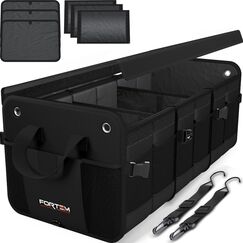 FORTEM Kofferraum Organizer, Kofferraumtasche, Zusammenklappbarer Auto Organizer Kofferraum mit Fächern, Rutschfester Boden, Verstellbare Sicherungsriemen, Klappbarer Deckel (Schwarz, Extragroß)