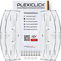 PLEXICLICK® Kennzeichenhalter 4X - TÜV Zertifiziert - Kennzeichenhalter Rahmenlos Transparent - Nummernschildhalterung Auto - Kennzeichenhalterung - Nummernschildhalter - Kfz Kennzeichen Halterung