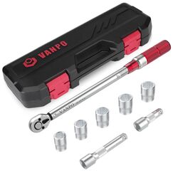 VANPO Drehmomentschlüssel 1/2", 20-220 Nm Drehmoment-Schlüssel 8 tlg. Set, ± 3% Fehlergenauigkeit mit 2 Verlängerung, 5 Stecknüsse 17mm, 19mm, 21mm, 23mm,24mm Reifenschlüssel für Auto, LKW, Motorrad