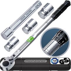 Monzana® Drehmomentschlüssel 6tlg. Set 40-210Nm TÜV Süd GS 1/2' Zoll CrV +/- 3% Toleranz Wende Ratschenkopf inkl. 3 Stecknüsse 17, 19, 21mm Verlängerung inkl. Koffer Auto Motorrad