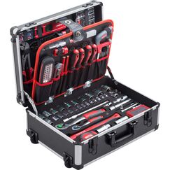 Meister Werkzeugtrolley 156-teilig - Werkzeug-Set-Mit Rollen- Teleskophandgriff/Profi Werkzeugkoffer befüllt/Werkzeugkiste fahrbar /Werkzeugbox komplett mit Werkzeug, Schwarz/Silber, 8971440