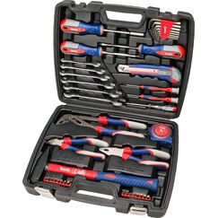 kwb Werkzeug-Koffer inkl. Schrauber-Bits - 42-teilig, gefüllt, robust und hochwertig - Ideal für Haushalt und Garage - GS-geprüft - Praktischer Kunststoffkoffer - Rot, Blau, Grau