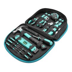 Amazon Basics Werkzeugset mit leicht zu tragender runder Tasche, 104-teilig, Türkis, 36,5 x 29 x 7,6 cm
