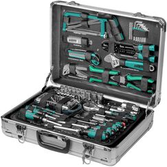 Brüder Mannesmann Werkzeugkoffer, 124-teilig, aus Aluminium - Werkzeugsatz mit Schraubendrehern, Zangen, Bitsatz, Steckschlüsselsatz, Säge und mehr - Werkzeug aus Chrom-Vanadium-Stahl | M29072
