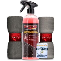 IVALITY Ceramic Versiegelung Auto 750ml mit Abperleffekt – Inkl. 2 Mikrofasertücher, Schützt den Lack und verstärkt die Farbtiefe, Keramikversiegelung, Felgen & Lackversiegelung Auto Spray