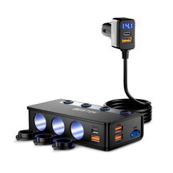 9 IN1 BESTEK 180W Zigarettenanzünder Verteiler, Auto KFZ Adegerät mit 65W PD & 4 Port QC3.0 kfz Ladegerät USB C Zigarettenanzünder Adapter USB mit LED Licht für iPhone Dash Cam iPad GPS
