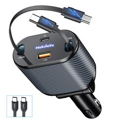 MAGJIEYX Einziehbares Auto Ladeger&auml;t, 4 in 1 Handy Autoladeger&auml;t Zigarettenanz&uuml;nder mit 2 Typ-C-Kabel und USB-A/C-Anschluss,80W Schnellladeger&auml;t f&uuml;r iPhone16/15/14/13 Pro Max Plus,Galaxy, Autozubeh&ouml;r