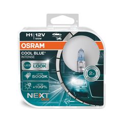 Osram Cool Blue Intense H1, mit 100 Prozent mehr Helligkeit, bis zu 5.000K, Halogen-Scheinwerferlampe, LED-Look, Duo Box (2 Lampen), Fahrzeugspezifische Passform, Blue, Duo Box