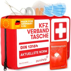 PURAHELP&reg; Verbandskasten Auto inkl. Beatmungstuch [DIN 13164] - Erste Hilfe Set Auto StVO Konform f&uuml;r 2026 - KFZ Verbandskasten & Sanikasten Unterwegs - Notfallset Kompakt - First Aid Kit Car