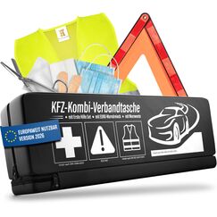 HELDENWERK 3 in 1 Erste Hilfe Set Auto 2026 europaweit einsetzbar & geprüft (StVO konform) I KFZ Kombitasche mit Warnweste, Warndreieck & Verbandkasten I Unfall Zubehör Set, PKW-Notfallset, Pannenset