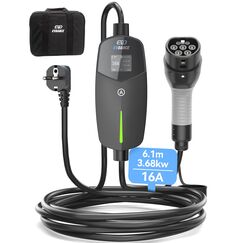 EVDANCE Typ 2 Ladekabel Schuko für Elektroauto 3,68kW[1-phasig, 6.1m, 6-16A] Ladekabel Elektroauto Typ 2 Schuko für Elektroauto & Hybrid(PHEV/EV) - Schwarz