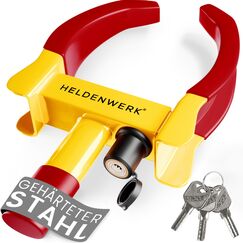 HELDENWERK® Parkkralle Radkralle mit Hochsicherheitsschloss & 3 Schlüsseln - für Anhänger, Wohnmobil, Wohnwagen, Auto - PKW Reifenkralle, Autokralle, Rad-Kralle für 18-30cm Reifenbreite (Gelb/Rot)