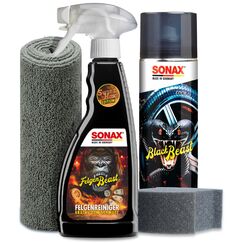 Auto Reifenpflege & Felgenpflege Set | Sonax ReifenGlanz Special Edition + FelgenBeast Sonderedition Felgenreiniger + Applikator Pad + Mikrofasertuch | Pflege & Reinigung von Felgen & Reifen