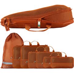 TRAVEL DUDE Packw&uuml;rfel Set mit Kompression aus recycelten Plastikflaschen, Leichte Packing Cubes, Packtaschen Set f&uuml;r Rucksack und als Koffer Organizer, Zubeh&ouml;r (Burnt Orange, 7-teiliges Set)