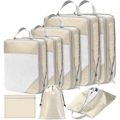8 Teilige Compression Packing Cubes Set,Kleidertaschen,Schuhtaschen,Koffer Organizer Set,Organizer Packing Cubes Compression,für Koffer,Backpack,Reise organizers,Ordnungssystem für Koffers-Beige