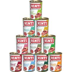Rinti-Kennerfleisch 10 x 400g Mixpaket | 10 garantierte Sorten | getreidefreies Nassfutter mit 70% Fleisch & Innereien | ohne Soja | Hundefutter