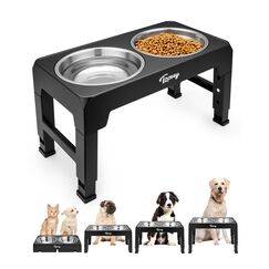 Toozey Hundenapf, Futternapf für Hunde, Höhenverstellbar, mit 2 Edelstahl-Schüsseln von 1200 ml, Hundenapf Erhöht für Mittelgroße und Große Hunde, 4 Höhenverstellbare Fütterung, Schwarz