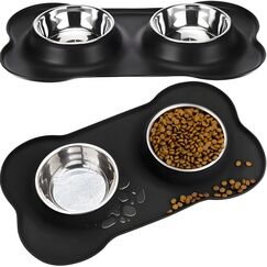 Retoo Doppel Futternapf mit Napfunterlage aus Silikon, Hundenapf Edelstahl 400ml, Rutschfesten Silikon Tablett Matte, Katzennapf, Schüssel Lebensmittel Wassernapf Schwarz