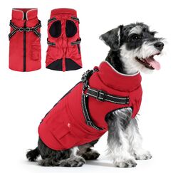 Woiil Hundemantel Hundejacke Wintermantel für Mittelgroße Hunde, Hundemantel Winter mit Geschirr, Hunde Wintermantel Kostüm Ärmellose Baumwolle Gepolsterte Weste Wasserdicht Warme Reflektierend, Rot M