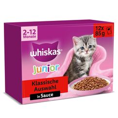 Whiskas Junior Katzennassfutter Klassische Auswahl in Sauce, 48 Portionsbeutel, 12x85g (4er Pack) – Hochwertiges Katzenfutter nass, für heranwachsende Katzen von 2 bis 12 Monaten