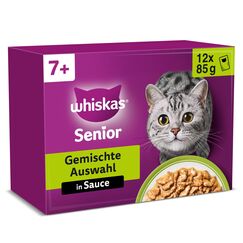 Whiskas Senior 7+ Katzennassfutter Gemischte Auswahl in Sauce, 48 Portionsbeutel, 12x85g (4er Pack) – Hochwertiges Katzenfutter nass, für Katzen ab 7 Jahren und älter