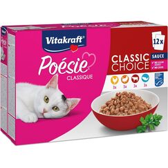 Vitakraft Poésie Classique, Nassfutter Katze, Katzennassfutter in Sauce, mit Huhn, mit Truthahn, mit Rind, mit Lachs, ohne Zusatz von Zucker und Getreide (1 Paket mit 12x 85g)