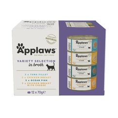 Applaws 100% natürliches Premium-Nassfutter für Katzen in Brühe für ausgewachsene Katzen - Thunfisch, Huhn, Meeresfisch Gemischte Auswahl in Brühe - Packung mit 12 x 70g Dosen