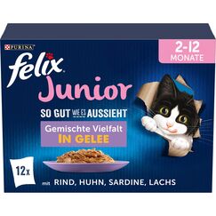 Felix So gut wie es aussieht Junior Kittenfutter nass in Gelee, Sorten-Mix, 6er Pack (6 x 12 Beutel à 85g)