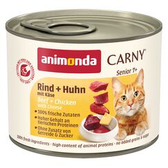 animonda Carny Katzen Nassfutter Senior Rind + Huhn + Käse (6 x 200g), Katzenfutter nass ohne Getreide ohne Zucker für Katzen ab 7 Jahren mit frischen und fleischigen Zutaten