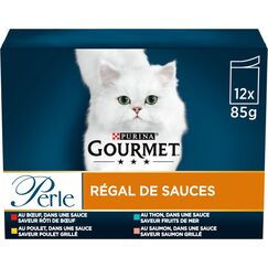 Gourmet Perle | Saucen Regal | Erwachsene Katze | Rind, Huhn, Thunfisch, Lachs | 12 x 85 g | Frischebeutel (Verpackung kann variieren)
