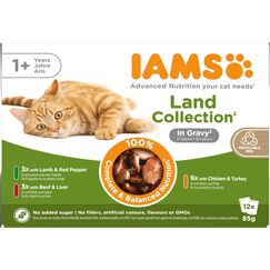 IAMS Delights Land Collection Katzenfutter Nass - Multipack mit Fleisch Sorten (Lamm, Rind, Huhn & Pute) in Sauce, Nassfutter für Katzen ab 1 Jahr, 12 x 85g