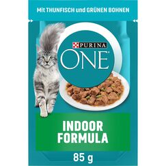 PURINA ONE Indoor Formula Katzenfutter nass, zarte Stückchen in Sauce für Hauskatzen, mit Thunfisch, 26er Pack (26 x 85g)