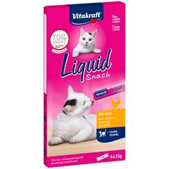 Vitakraft Liquid Snack, Katzen Leckerli, Katzensnack cremig, mit Huhn und Taurin, in einzelnen Sachets, unterstützt die Augen und das Herz (1 Paket mit 6x 15g)