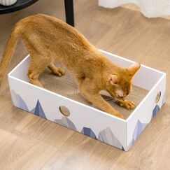 Conlun Katzen Kratzbrett mit Box, Großes Kratzmöbel, Beidseitige Kratzpappe für Katzen, Interaktive Öffnungen, Kratzbett für Wohnungskatzen, mit Katzenminze (1 Stück, Groß, Weiß)