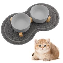 Zosenyer Katzennapf, 2 Stück Keramik Futternapf Katze Set, 3-in-1 rutschfeste Katzennäpfe mit Holzstände und Matten, Fressnapf und Wassernapf für Katzen und Kleine Hunde (Grau)